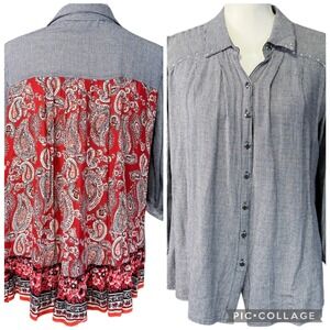 Emma G Womens Button Down Shirt Size S Blue Gingham Paisley Peasant Boho